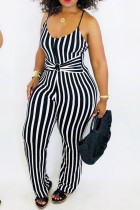 Black Sexy Striped Polyester Sleeveless Slip Jumpsuits
