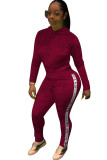 Wine Red OL Letter Two Piece Suits pencil Long Sleeve Two-piece Pants Set