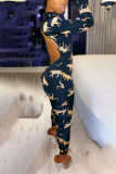 Blue Sexy Print Hollowed Out Half A Turtleneck Skinny Jumpsuits