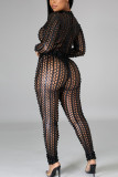 Silver Solid Ripped Hollowed Out See-through O Neck Regular Jumpsuits