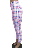 multicolor Polyester Elastic Fly High Plaid Print Straight Pants Bottoms