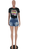White O Neck Short Sleeve Print Patchwork 