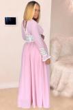 Pink Casual Fashion Cap Sleeve Long Sleeves V Neck Floor-Length bandage hollow out Solid asymme