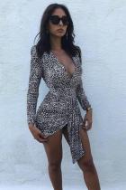 Black Polyester Fashion adult Sexy Cap Sleeve Long Sleeves V Neck cake dress Mini Leopard Print chain