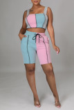 Light Pink Fashion Casual Patchwork Backless Square Collar Sleeveless Two Pieces