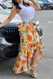 Orange Fashion Casual Print Asymmetrical Regular High Waist Skirt