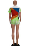 Fluorescent green Active Casual Patchwork Two Piece Suits Print pencil Short Sleeve Two-Piece Short Set