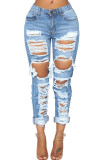 Blue Denim Zipper Fly Button Fly Mid Pocket washing Hole Zippered pencil Pants Pants