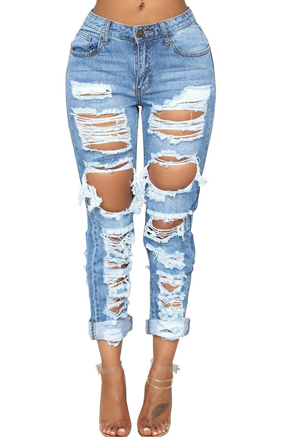 Blue Denim Zipper Fly Button Fly Mid Pocket washing Hole Zippered pencil Pants Pants