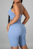 Blue Sexy Casual Solid Backless Spaghetti Strap Sleeveless Two Pieces