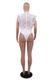 Red Fashion Sexy Solid Hollowed Out See-through O Neck Skinny Bodysuits