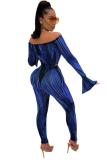 Blue Polyester Sexy Fashion adult Patchwork Two Piece Suits Striped Print pencil Long Sleeve