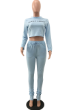 Sky Blue Casual Print Letter Turtleneck Long Sleeve Two Pieces