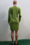 Khaki Polyester Sexy Cap Sleeve Long Sleeves V Neck Swagger Knee-Length Solid Long Sleeve Dresses