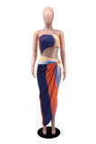 Multicolor Fashion Sexy Print Backless Asymmetrical Strapless Sleeveless Two Pieces