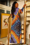 purple Bohemian Long Sleeves V Neck Asymmetrical Floor-Length Print Dresses