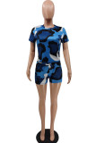 Blue Fashion Sexy adult Ma'am Patchwork Print Hole Two Piece Suits Straight Short Sleeve Two Pieces