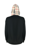 Black hooded Patchwork Plaid Print Polyester Patchwork Long Sleeve Sweats & Hoodies
