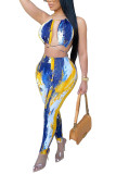 Blue Polyester Fashion Sexy adult Patchwork Print backless Tie Dye Bandage Two Piece Suits pencil Sleeveless Two Pieces