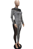 White Casual Print Leopard Patchwork O Neck Regular Jumpsuits