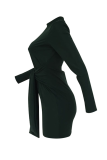 Army Green Casual Solid Bandage Half A Turtleneck Lantern Skirt Dresses