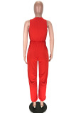 Wine Red Sexy Solid Cotton Blend Sleeveless Jumpsuits