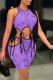 Purple Sexy Print Bandage O Neck Sleeveless Two Pieces