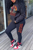 Black Fashion Casual Print Basic Hooded Collar Long Sleeve Two Pieces