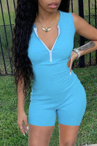 Blue Sexy Casual Solid Backless Zipper Collar Skinny Romper