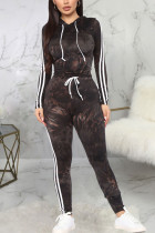 Black Fashion Sexy Adult Twilled Satin Striped Patchwork Split Joint Hooded Collar Long Sleeve Regular Sleeve Regular Two Pieces