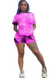 purple Polyester Fashion Casual adult Ma'am Print Tie Dye Two Piece Suits pencil Short Sleeve Two Pieces