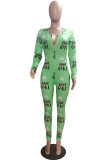 Green Casual Print O Neck Skinny Jumpsuits