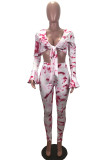 Pink Sexy Daily Print Tie-dye V Neck Long Sleeve Two Pieces