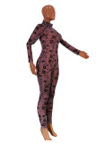 Pink Sexy Print Turtleneck Skinny Jumpsuits