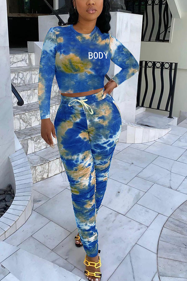 Blue Fashion Sexy Adult Print Tie Dye Tie-dye O Neck Long Sleeve Regular Sleeve Short Two Pieces