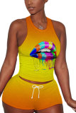 Yellow Polyester Fashion Active adult Patchwork Print Bandage Lips Print Straight Sleeveless Two Pieces