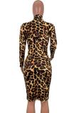 Yellow Polyester Fashion adult Sexy Cap Sleeve Long Sleeves Turtleneck Step Skirt Knee-Length Print Leopard