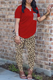 Black Fashion Casual Leopard Printing V Neck Short Sleeve Two Pieces