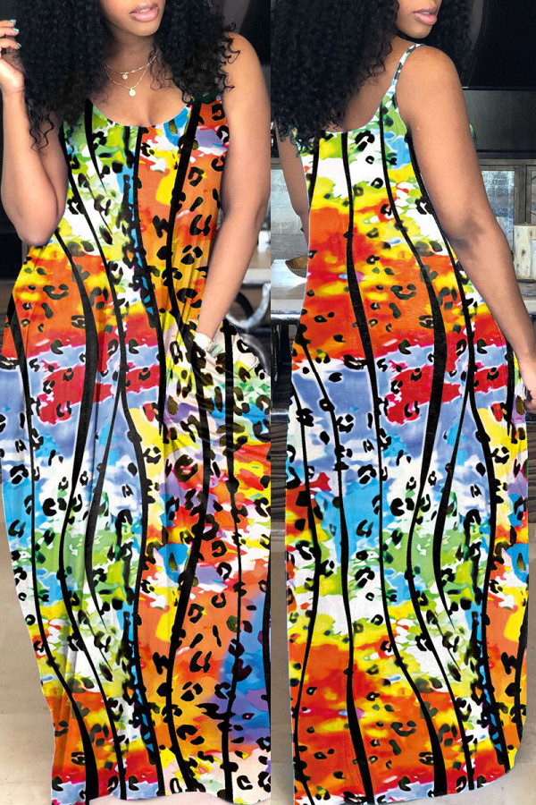 Orange Sexy Casual Print Backless Spaghetti Strap Sleeveless Dress