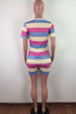 Pink Fashion Casual adult Ma'am Striped Two Piece Suits Straight Short Sleeve Two Pieces