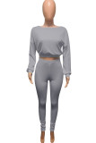 Grey Polyester Active Europe and America Street Solid Skinny Long Sleeve Two Pieces