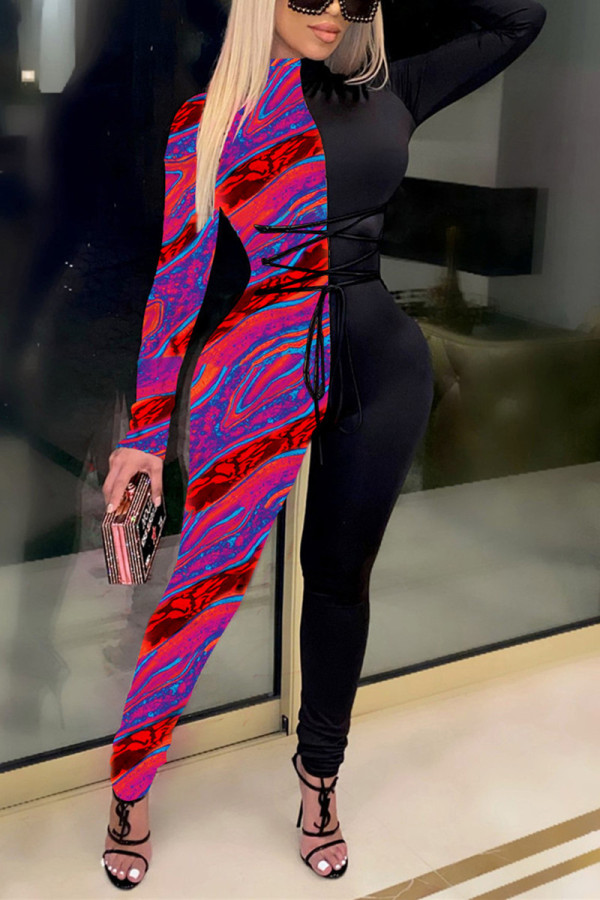 Purple Fashion Casual Print Patchwork Turtleneck Skinny Jumpsuits