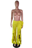 Yellow Polyester Elastic Fly Sleeveless Mid Solid ruffle Loose Pants Pants