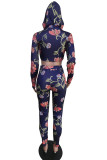 Powder blue Polyester Casual Floral Print pencil Long Sleeve Two Pieces