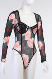 Black Sexy Vintage Print Floral Square Collar Regular Bodysuits