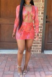 Red Fashion Sexy Print Tie-dye Strap Design V Neck Long Sleeve Two Pieces