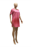Rose Red Fashion Casual Solid Slit V Neck Short Sleeve Two Pieces