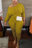 Green Fashion Sexy Adult Ma'am Cotton Solid Two Piece Suits Stitching O Neck Plus Size