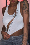 White Sexy Solid Split Joint U Neck Tops