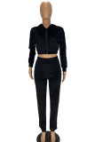 Black Casual Polyester Flocking Solid Pants Zipper Collar Long Sleeve Regular Sleeve Short Two Pieces